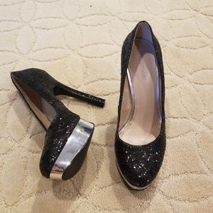 Joan and David Metallic Black Sequin Platform Heel